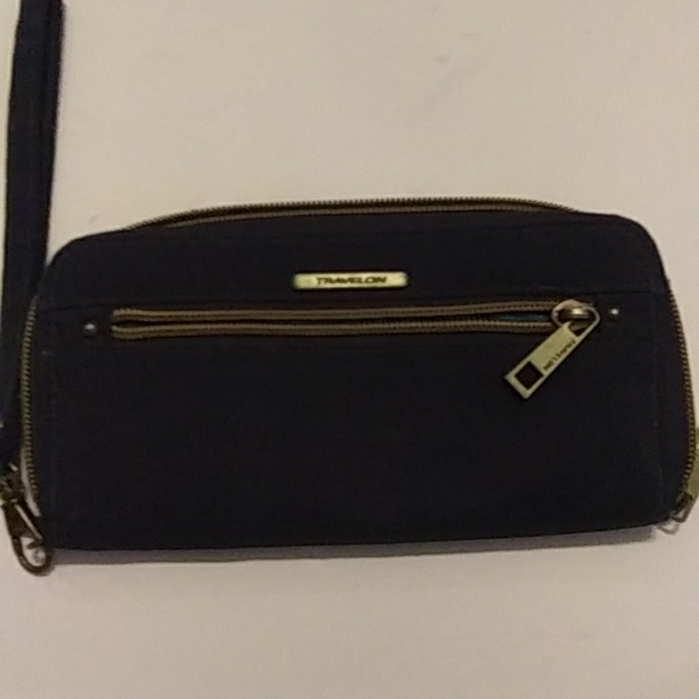 Travelon RFID Long Wallet With Wristlet band..Navy blue